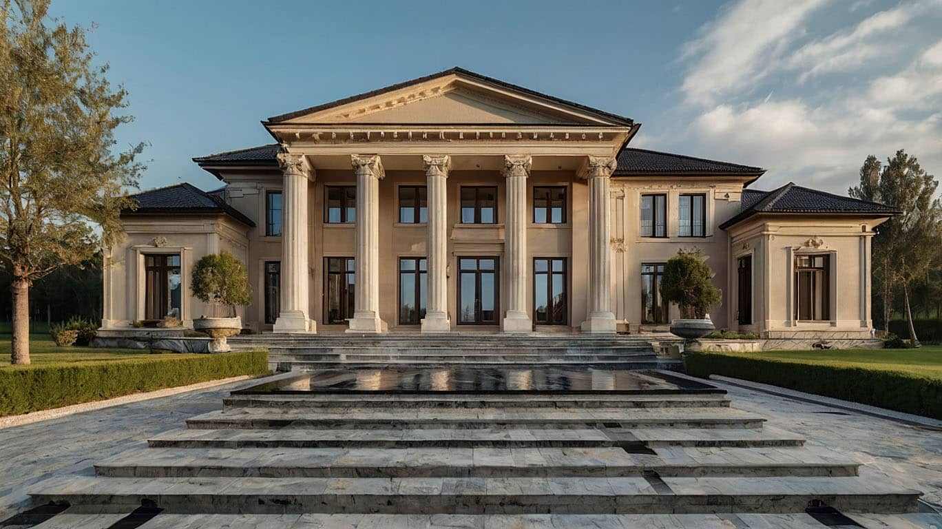 Отделка фасада плиткой из камня травертина 